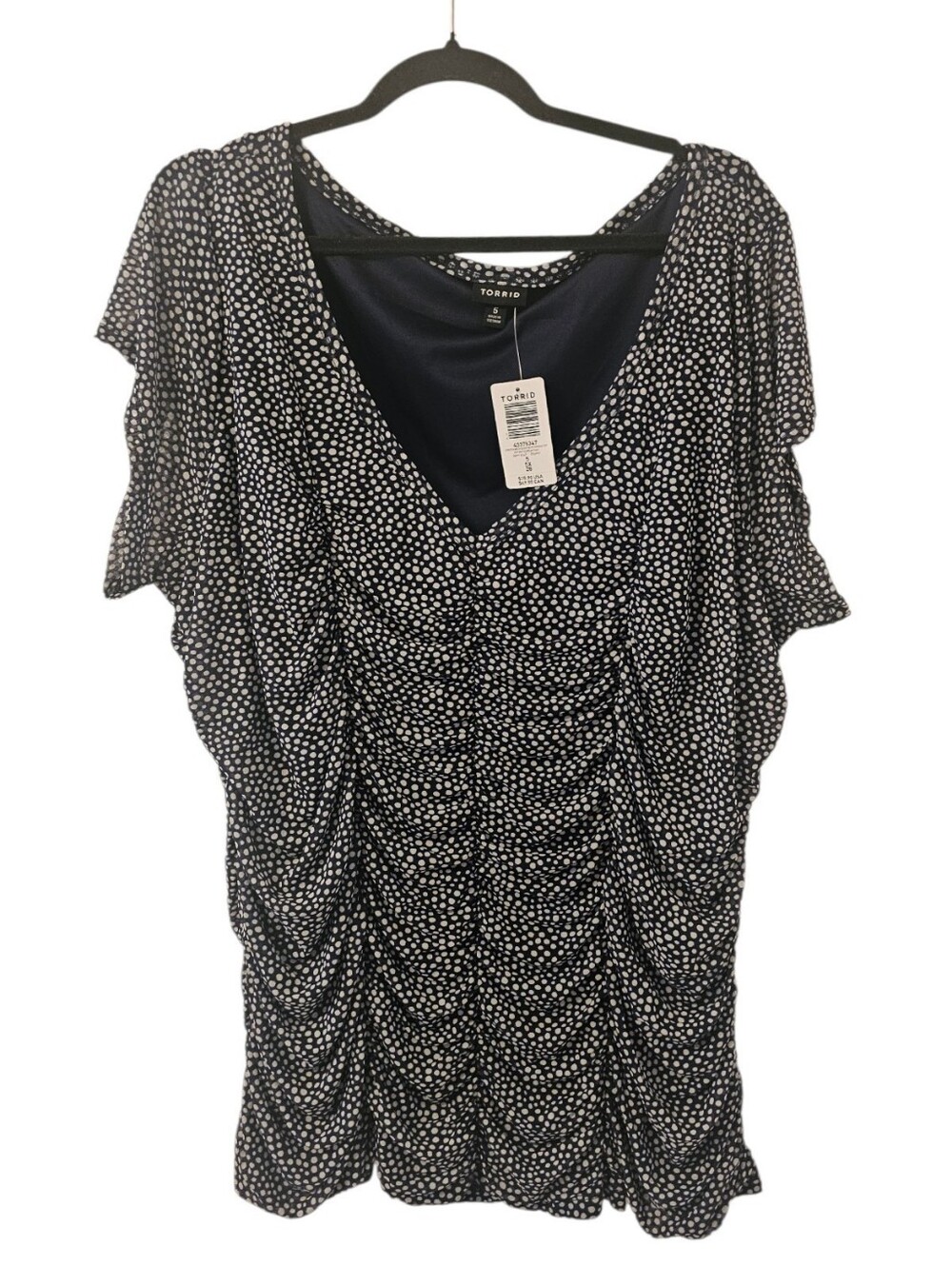 Blue and White Torrid Women's Stretch Mesh Scoop Neck Polka Dot Shirred Top